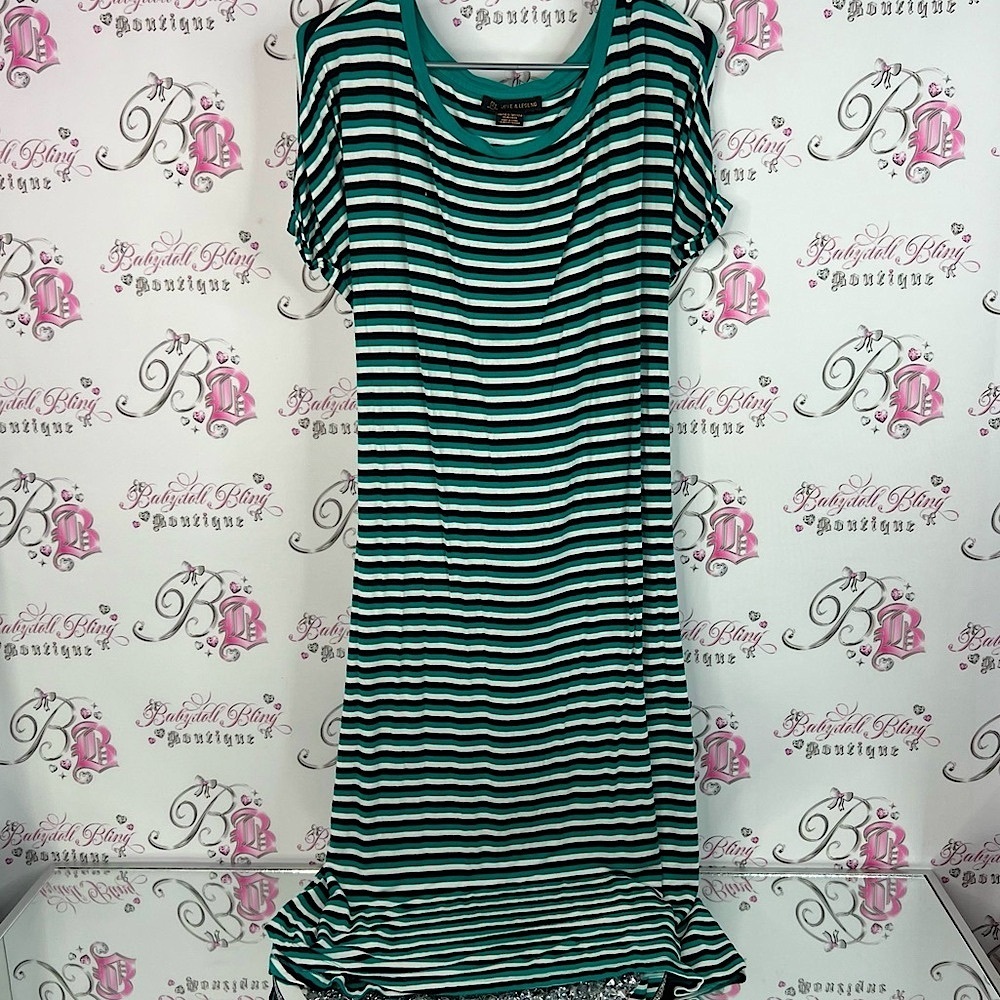 Love & Legend dress tie up back ribbon 🎀 detail Teal and Black Striped dress